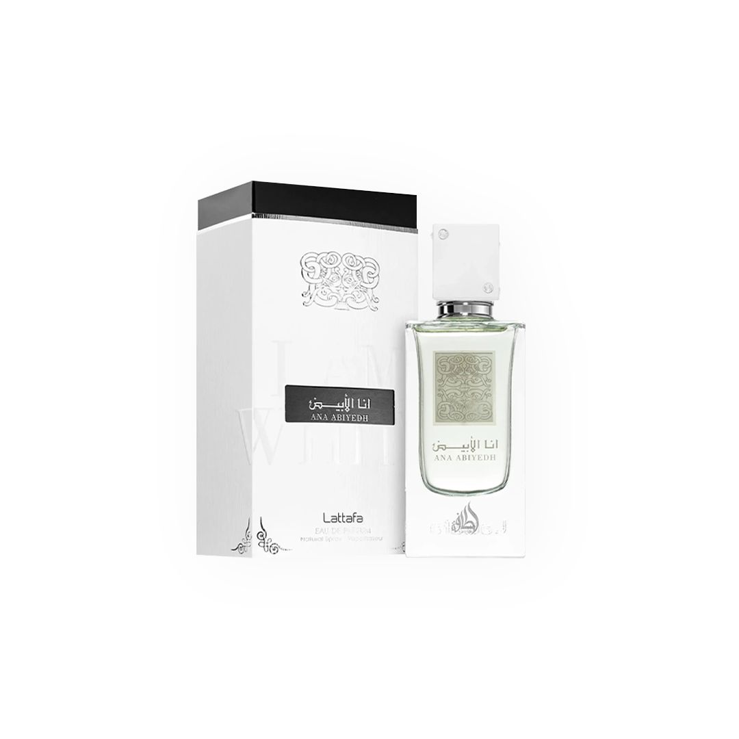 Eau de Parfum Ana Abiyedh Blanc 60ml de Lattafa, présentée dans un flacon transparent élégant orné de détails argentés, accompagné d’une boîte blanche raffinée aux motifs délicats.