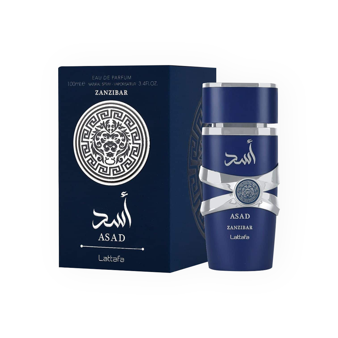 Eau de Parfum Asad Zanzibar 100ml de Lattafa, présentée dans un flacon bleu profond aux détails argentés sophistiqués, accompagnée d’une boîte élégante ornée d’un motif argenté distinctif.