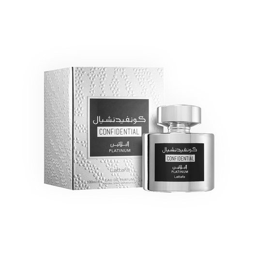Eau de Parfum Confidential Platinum 100ml de Lattafa, présentée dans un flacon argenté brillant au design moderne, accompagné d’une boîte texturée élégante et sophistiquée.