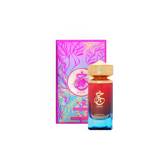 Packshot du parfum Khair Confection 100ml par Paris Corner, affichant un design vibrant avec des couleurs roses et dorées, et des motifs floraux exotiques.
