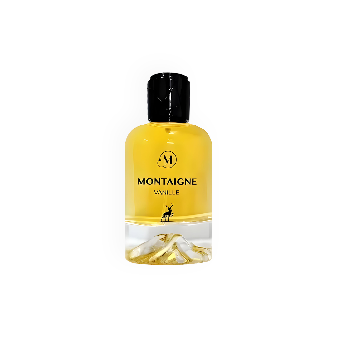 Bouteille de parfum Montaigne Vanille 100ml de la marque Maison Alhambra, élégante et raffinée, avec son design en verre transparent laissant apparaître un jus doré, et un bouchon noir sophistiqué. Idéal pour représenter l'essence du parfum.
