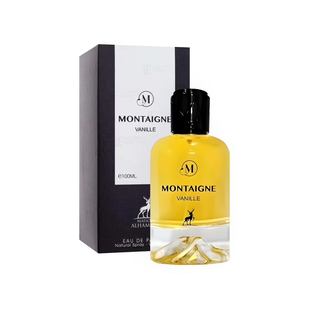 Packshot du parfum Montaigne Vanille 100ml de la marque Maison Alhambra, comprenant une bouteille en verre transparent dévoilant un jus doré et une boîte noire avec un design minimaliste et élégant, parfait pour une présentation haut de gamme.