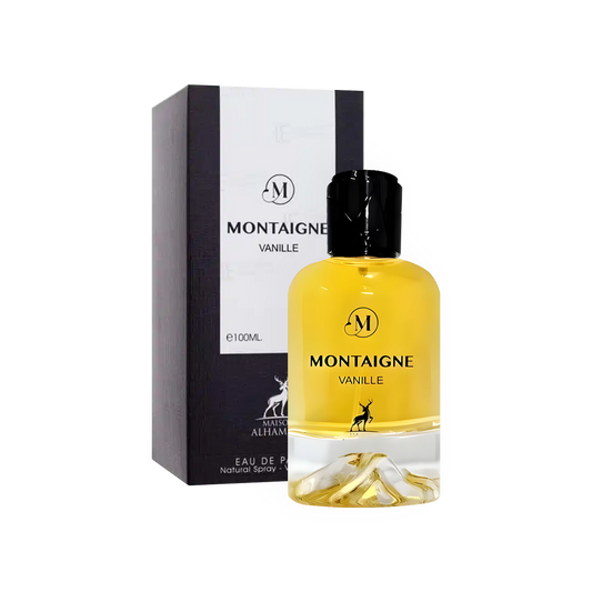 Packshot du parfum Montaigne Vanille 100ml de la marque Maison Alhambra, comprenant une bouteille en verre transparent dévoilant un jus doré et une boîte noire avec un design minimaliste et élégant, parfait pour une présentation haut de gamme.