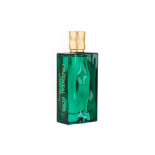 Flacon d'Eau de Parfum Oriental Rose 110ml de Gulf Orchid, en verre vert avec des reflets dorés et une finition luxueuse.