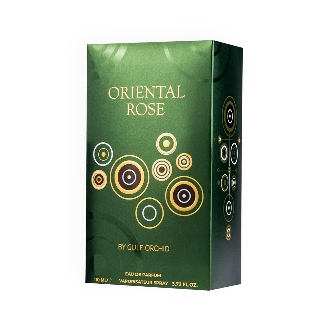 Boîte de l'Eau de Parfum Oriental Rose 110ml de Gulf Orchid, dans un design vert et doré orné de motifs circulaires.