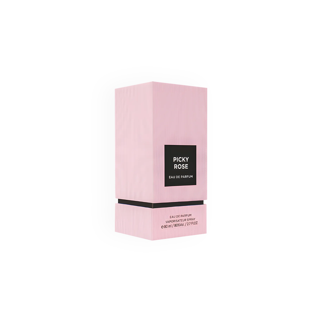 Boîte de parfum Picky Rose 80ml par Fragrance World, de couleur rose pâle avec une étiquette noire au centre.