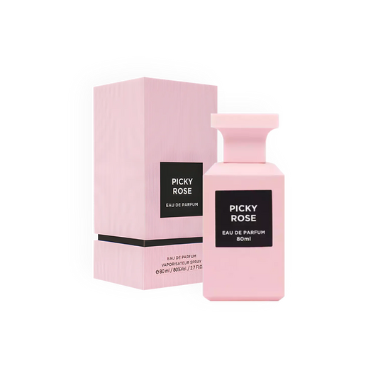 Packshot du parfum Picky Rose 80ml par Fragrance World, montrant la bouteille et la boîte assortie dans un style chic et harmonieux.