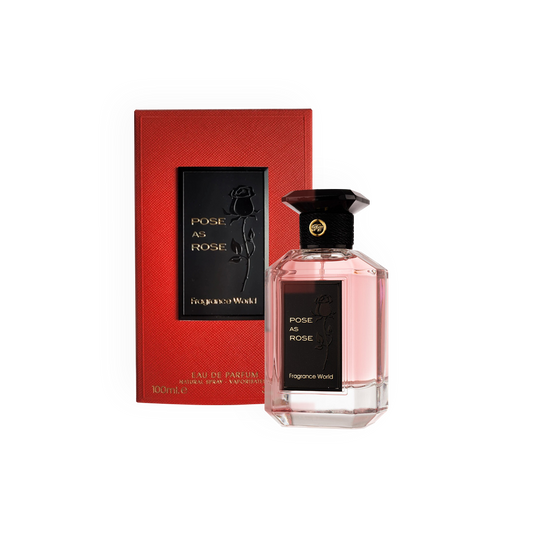 Packshot de l'Eau de Parfum Pose as Rose 100ml par Fragrance World. Présentation élégante avec une boîte rouge et noire.