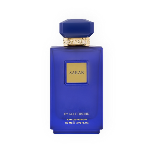 arfum Sarab 110ml - Gulf Orchid. Flacon bleu royal élégant avec étiquette dorée et bouchon assorti. Eau de parfum aux notes orientales, boisées et épicées, offrant une fragrance intense et raffinée. Idéal pour une allure sophistiquée et envoûtante.