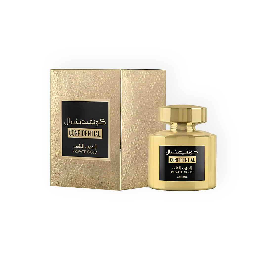 Parfum Confidential Private Gold 100ml de Lattafa, présenté dans un flacon doré luxueux avec des accents noirs élégants, accompagné d’une boîte texturée dorée au design raffiné.