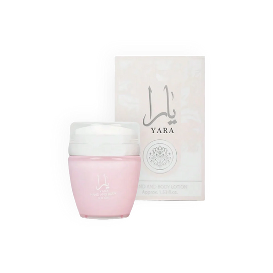 Crème hydratante pour le corps et les mains Yara 45ml de Lattafa avec un design élégant rose et blanc, accompagnée de son packaging raffiné.