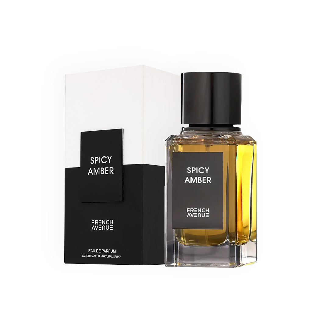 Vue complète du flacon d'Eau de Parfum Spicy Amber de French Avenue 100ml avec son emballage élégant noir et blanc. Une présentation raffinée pour ce parfum de luxe.