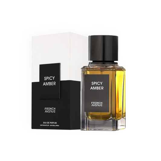 Vue complète du flacon d'Eau de Parfum Spicy Amber de French Avenue 100ml avec son emballage élégant noir et blanc. Une présentation raffinée pour ce parfum de luxe.