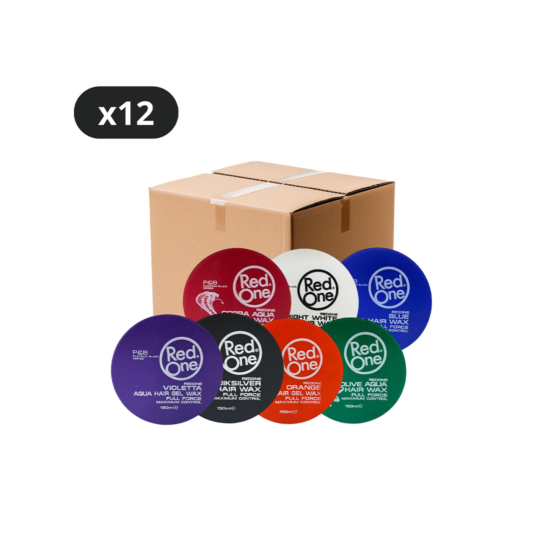 Un lot de 12 cires coiffantes "Aqua Hair Gel Wax" de la marque Red One, présenté avec une variété de couleurs de pots (violet, rouge, noir, blanc, bleu, orange et vert), chaque pot contenant 150 ml de produit. Le packaging inclut un carton d'expédition, mettant en évidence l'offre en gros. Les cires sont conçues pour offrir un maximum de contrôle et des finitions variées adaptées à différents styles de coiffure.