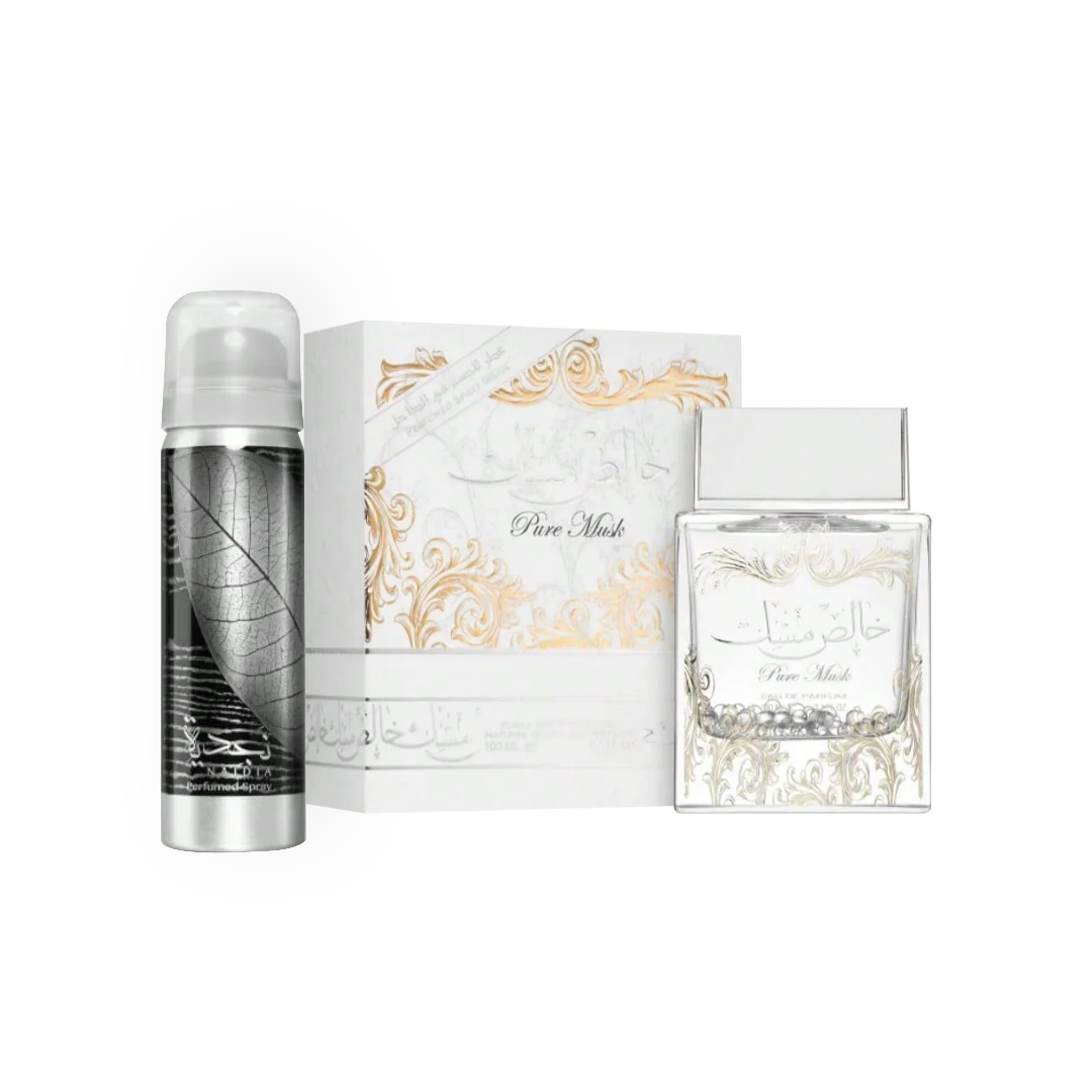 Coffret Parfum Pure Musk de Lattafa, comprenant une élégante Eau de Parfum ornée de motifs dorés et un déodorant assorti, présenté dans un packaging raffiné aux détails dorés et argentés.