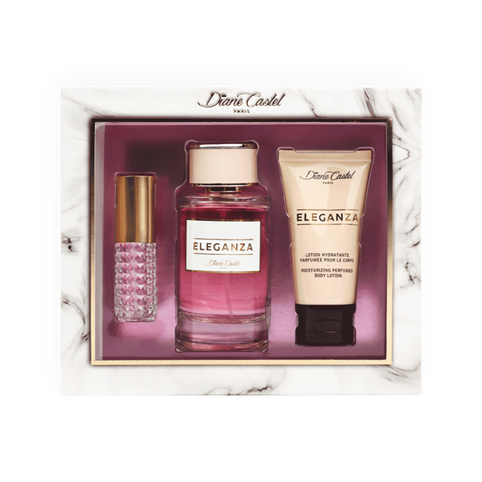 Coffret de parfum Eleganza - Diane Castel. Ensemble cadeau comprenant un flacon de parfum rose élégant, une lotion hydratante parfumée et un mini vaporisateur de sac aux détails dorés. Présenté dans un coffret luxueux avec fond marbré et accents raffinés. Parfait pour offrir, ce coffret propose une fragrance féminine, douce et sophistiquée.