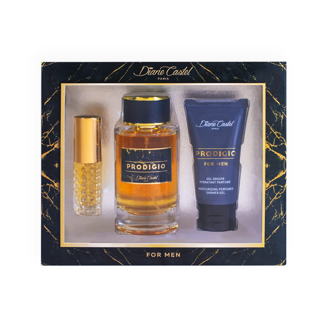 Coffret Parfum Prodigio - Diane Castel. Ensemble pour homme comprenant une eau de parfum élégante aux tons ambrés, un gel douche hydratant parfumé et un vaporisateur de sac doré. Présenté dans un coffret noir luxueux avec des détails marbrés dorés. Parfait pour une fragrance masculine, raffinée et sophistiquée.