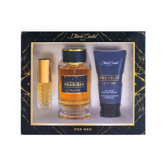 Coffret Parfum Prodigio - Diane Castel. Ensemble pour homme comprenant une eau de parfum élégante aux tons ambrés, un gel douche hydratant parfumé et un vaporisateur de sac doré. Présenté dans un coffret noir luxueux avec des détails marbrés dorés. Parfait pour une fragrance masculine, raffinée et sophistiquée.