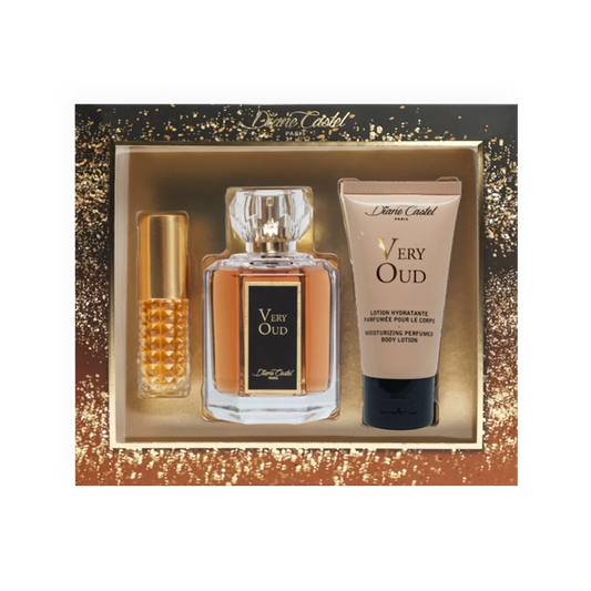 Coffret Parfum Very Oud - Diane Castel. Ensemble luxueux comprenant une eau de parfum ambrée dans un flacon raffiné, une lotion hydratante parfumée pour le corps et un vaporisateur de sac doré. Présenté dans un coffret noir orné d'effets dorés scintillants. Parfait pour une fragrance boisée, orientale et sophistiquée.