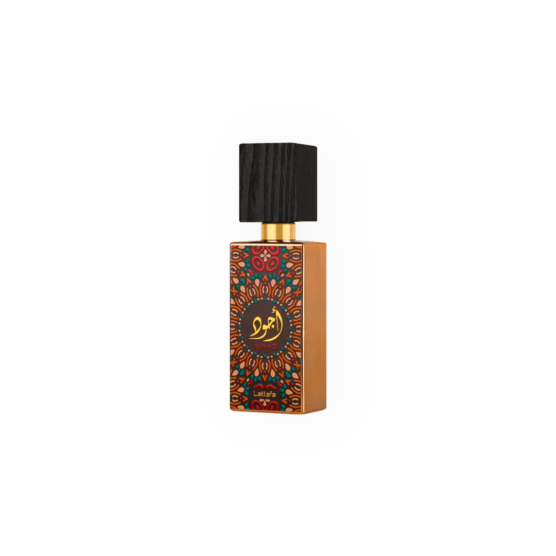 Flacon élégant de l'Eau de Parfum Ajwad 60ml de Lattafa, décoré de motifs orientaux colorés avec un bouchon noir texturé.