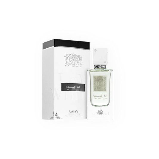 Eau de Parfum Ana Abiyedh Blanc 60ml de Lattafa, présentée dans un flacon transparent élégant orné de détails argentés, accompagné d’une boîte blanche raffinée aux motifs délicats.