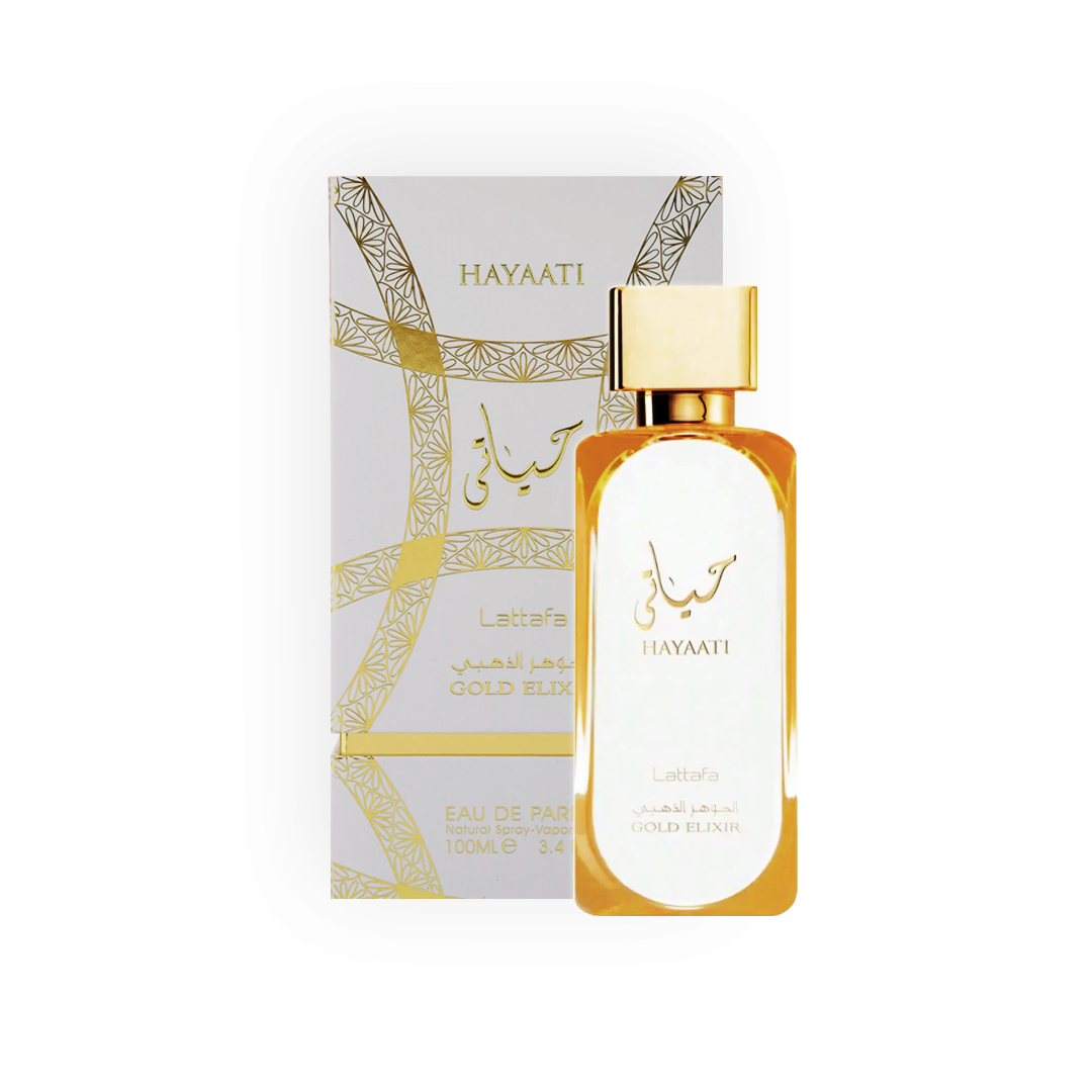 Eau de Parfum Hayaati Gold Elixir 100ml de Lattafa, présentée dans un flacon transparent aux accents dorés raffinés, accompagnée d'une boîte blanche luxueuse ornée de motifs dorés entrelacés.