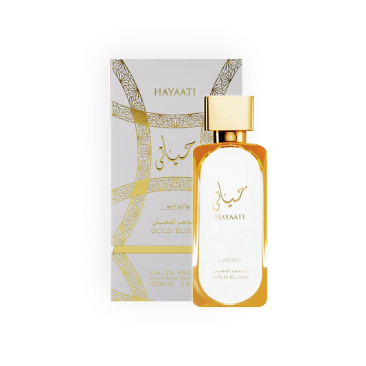 Eau de Parfum Hayaati Gold Elixir 100ml de Lattafa, présentée dans un flacon transparent aux accents dorés raffinés, accompagnée d'une boîte blanche luxueuse ornée de motifs dorés entrelacés.