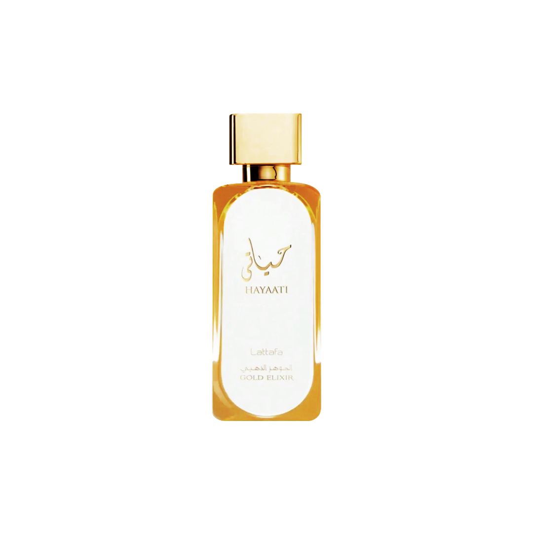 Eau de Parfum Hayaati Gold Elixir 100ml de Lattafa, présentée dans un flacon transparent aux accents dorés raffinés, accompagnée d'une boîte blanche luxueuse ornée de motifs dorés entrelacés.