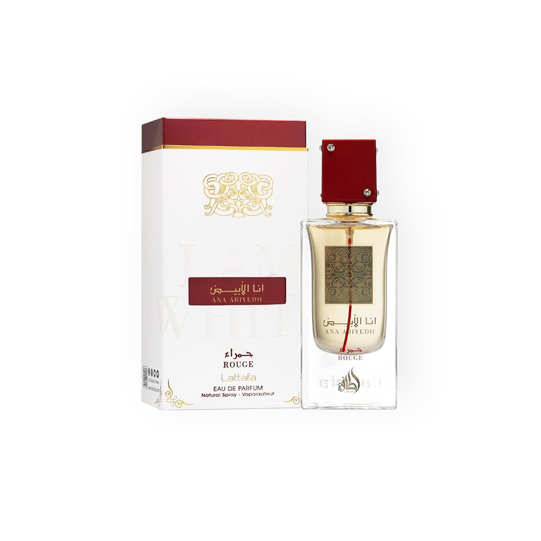 Flacon et boîte de l'Eau de Parfum Ana Abiyedh Rouge 60ml de Lattafa, une fragrance mixte orientale douce et épicée avec des notes de fruits, épices et bois.