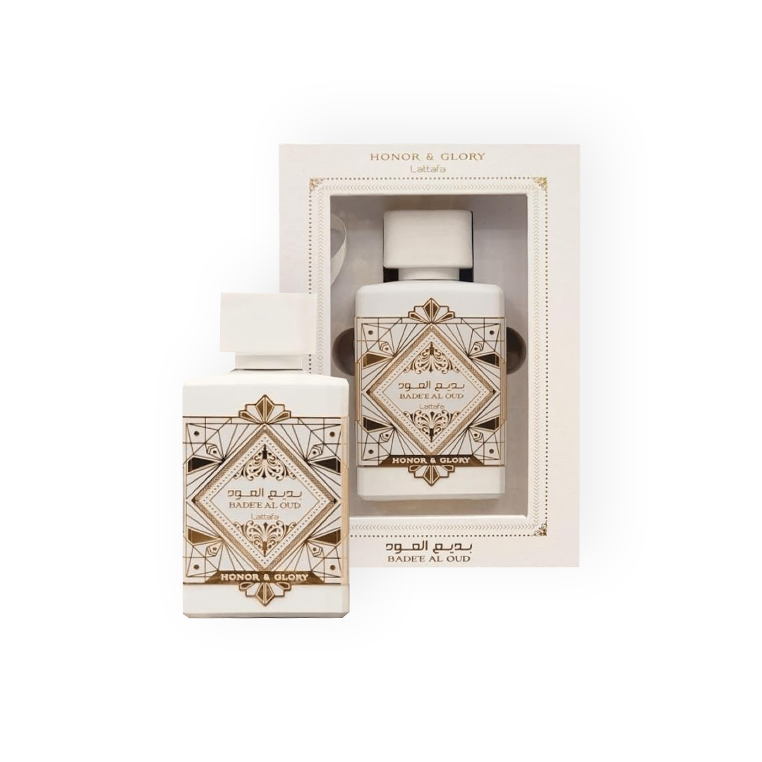 Flacon et boîte de l'Eau de Parfum Badee Al Oud Honor & Glory 100ml de Lattafa, une fragrance unisexe sophistiquée mêlant notes florales, boisées et orientales.