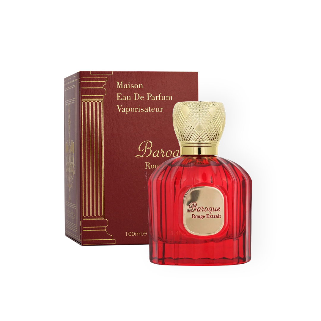 Flacon de parfum Baroque Rouge Extrait 100ml de Maison Alhambra, présenté avec son élégant emballage rouge et doré.