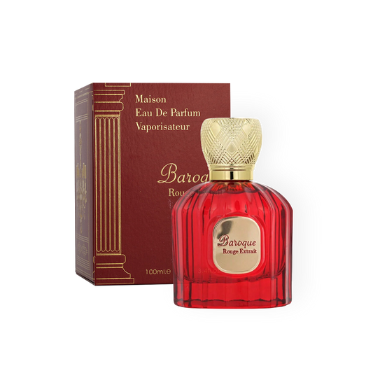 Flacon de parfum Baroque Rouge Extrait 100ml de Maison Alhambra, présenté avec son élégant emballage rouge et doré.