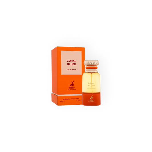 Flacon et boîte de l'Eau de Parfum Coral Blush 80ml de Maison Alhambra, avec un design élégant et des teintes vibrantes orange, symbole d'une fragrance unisexe fruitée et boisée.