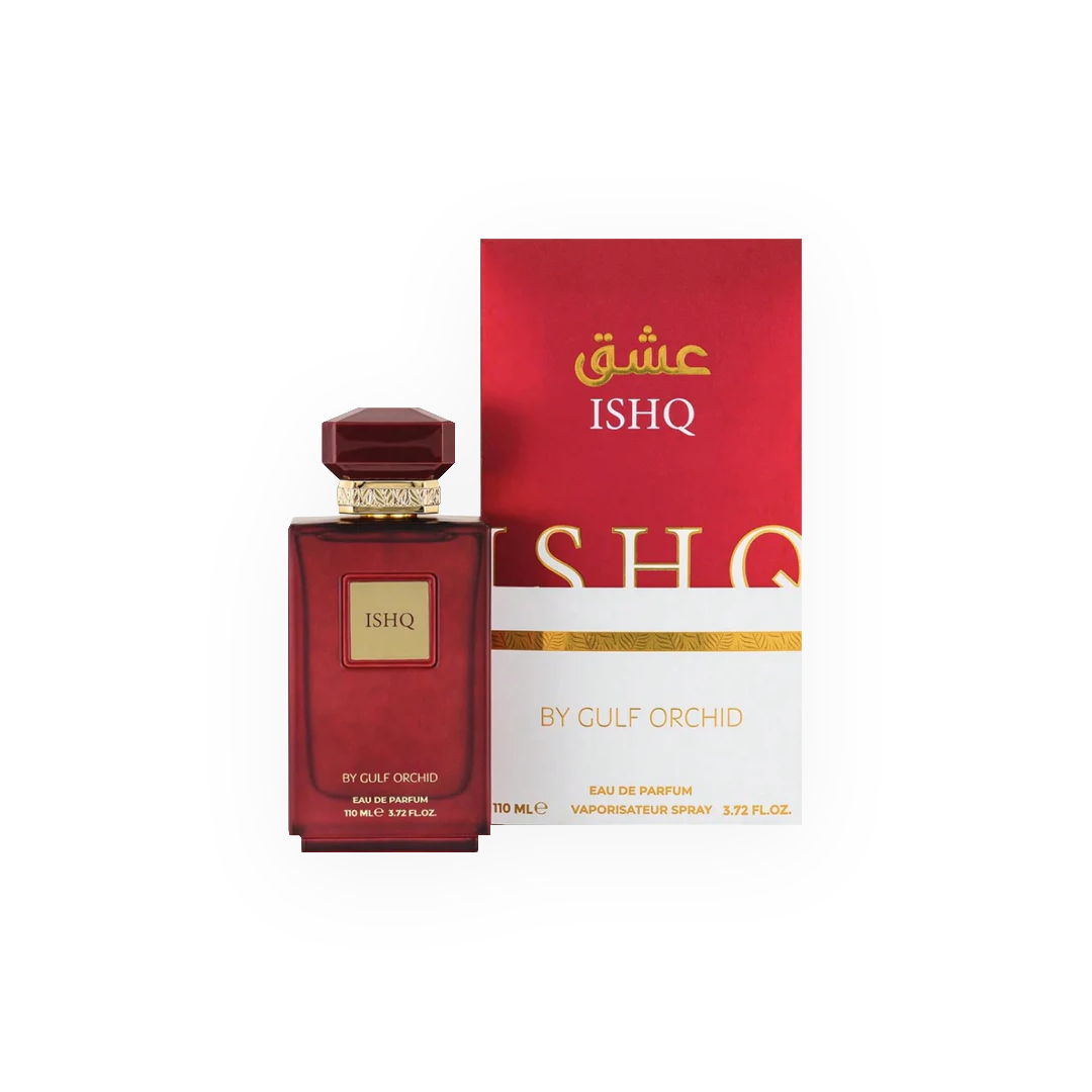 Parfum ISHQ 110ml - Gulf Orchid. Flacon élégant en verre rouge profond avec un bouchon carré doré, accompagné d'une boîte rouge et blanche ornée de détails dorés. Eau de parfum orientale aux notes riches et intenses, idéale pour une fragrance envoûtante et sophistiquée. Parfait pour une allure élégante et affirmée.