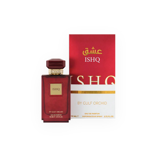 Parfum ISHQ 110ml - Gulf Orchid. Flacon élégant en verre rouge profond avec un bouchon carré doré, accompagné d'une boîte rouge et blanche ornée de détails dorés. Eau de parfum orientale aux notes riches et intenses, idéale pour une fragrance envoûtante et sophistiquée. Parfait pour une allure élégante et affirmée.