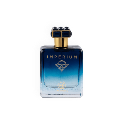 Cette image présente la bouteille du parfum Imperium de Fragrance World, un flacon élégant et sophistiqué avec un dégradé de bleu profond, rehaussé par des accents dorés raffinés. Le bouchon, orné de détails géométriques, ajoute une touche de luxe à l'ensemble, tandis que l'étiquette dorée et le logo exclusif incarnent un style classique et intemporel. 