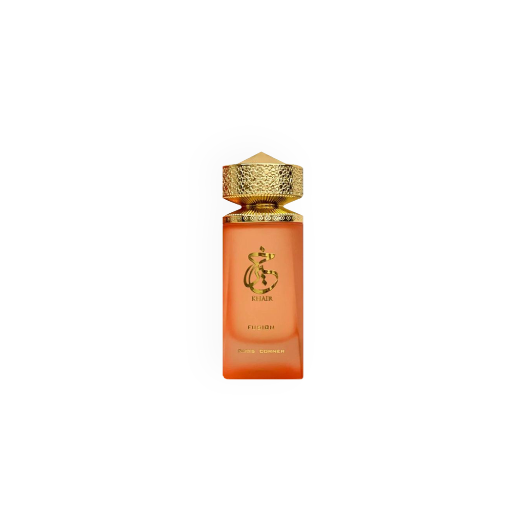 Flacon du parfum Khair Fusion 100ml de Paris Corner, avec un dégradé orange et doré.