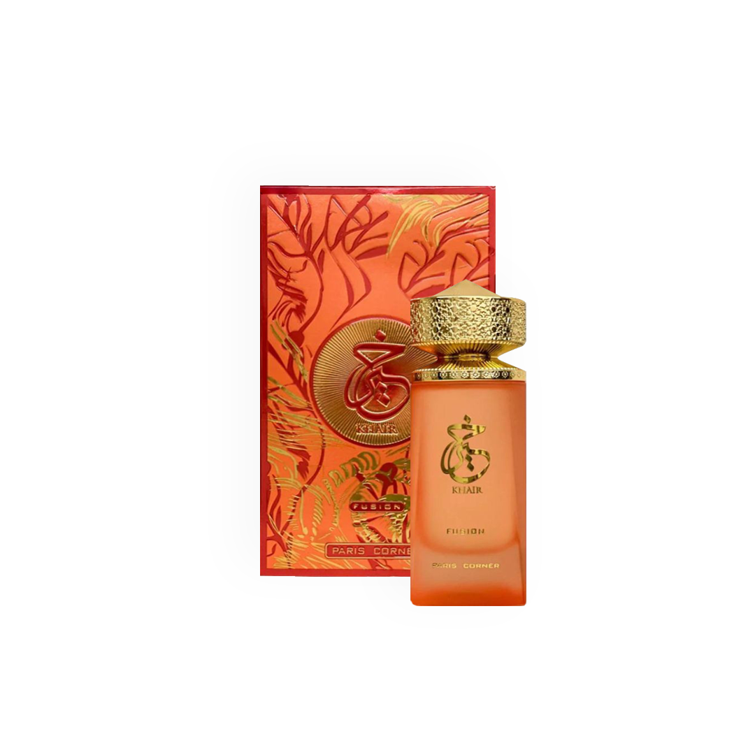 Coffret du parfum Khair Fusion 100ml de Paris Corner, affichant un design élégant orange et doré.