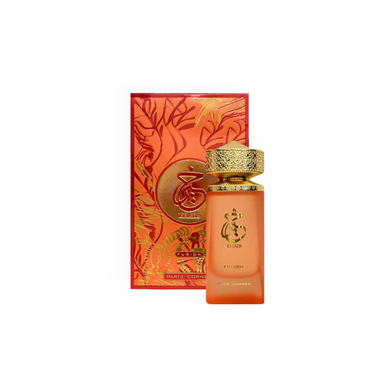 Coffret du parfum Khair Fusion 100ml de Paris Corner, affichant un design élégant orange et doré.