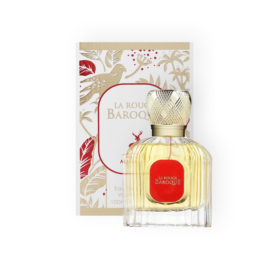 Flacon et boîte de l'Eau de Parfum La Rouge Baroque 100ml de Maison Alhambra, un parfum unisexe sophistiqué présenté dans un flacon élégant avec des motifs dorés et une étiquette rouge.