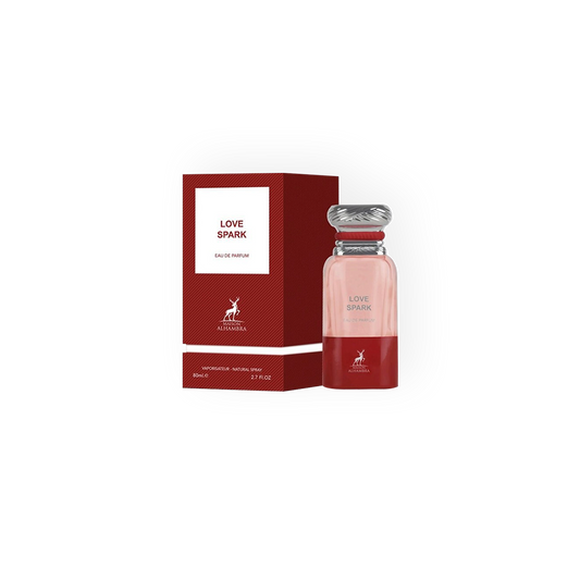 Flacon et boîte de l'Eau de Parfum Love Spark 80ml de Maison Alhambra, un parfum gourmand aux notes de cerises, fleurs et bois, symbole d'élégance.