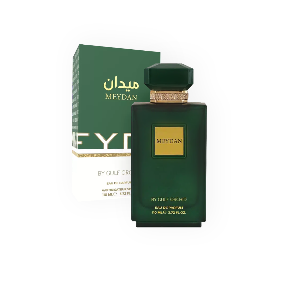 Parfum Meydan 110ml - Gulf Orchid. Flacon vert foncé au design sobre et luxueux, avec un bouchon géométrique doré et une étiquette dorée élégante. Accompagné d'une boîte assortie aux accents dorés et blancs. Eau de parfum pour homme, aux notes boisées, épicées et orientales, parfaite pour une fragrance puissante et distinguée.