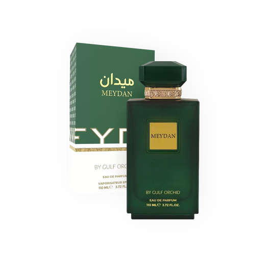 Parfum Meydan 110ml - Gulf Orchid. Flacon vert foncé au design sobre et luxueux, avec un bouchon géométrique doré et une étiquette dorée élégante. Accompagné d'une boîte assortie aux accents dorés et blancs. Eau de parfum pour homme, aux notes boisées, épicées et orientales, parfaite pour une fragrance puissante et distinguée.