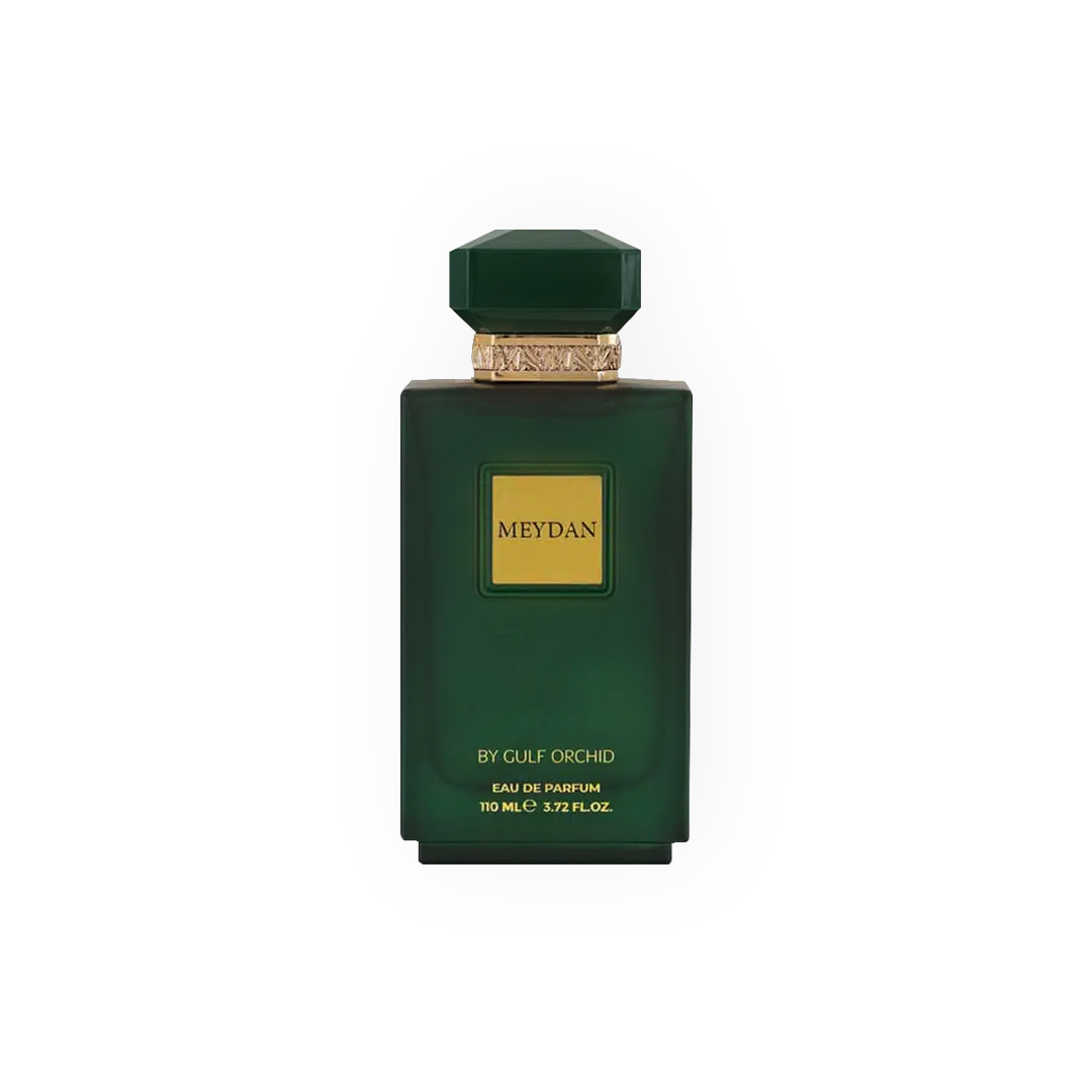 Parfum Meydan 110ml - Gulf Orchid. Flacon vert foncé au design sobre et luxueux, avec un bouchon géométrique doré et une étiquette dorée élégante. Accompagné d'une boîte assortie aux accents dorés et blancs. Eau de parfum pour homme, aux notes boisées, épicées et orientales, parfaite pour une fragrance puissante et distinguée.