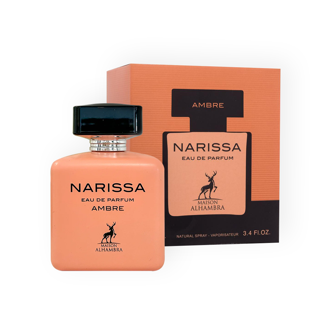 Image du parfum Narissa Ambre 100 ml par Maison Alhambra. Flacon élégant orange avec un bouchon noir, accompagné de son emballage assorti, sobre et raffiné.