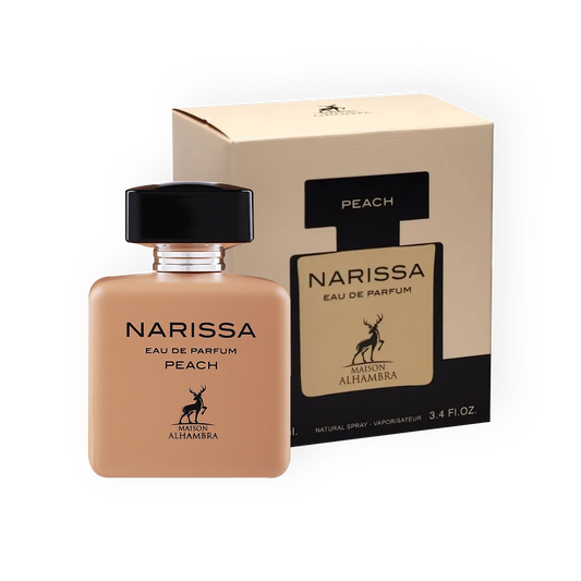 Image du parfum Narissa Peach 100 ml par Maison Alhambra. Flacon élégant beige avec un bouchon noir, accompagné de son emballage raffiné noir et beige.