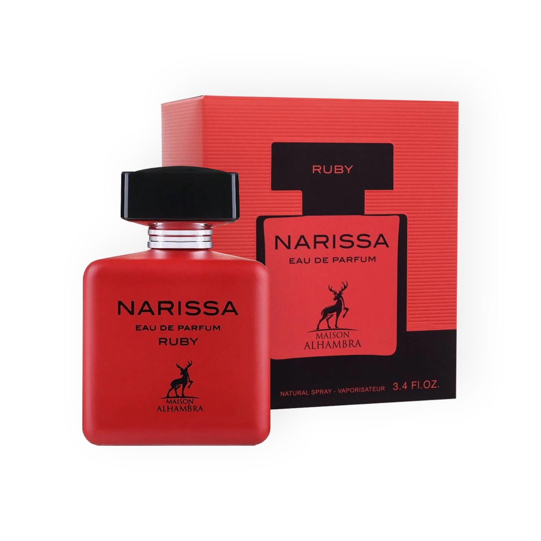 Flacon et packaging de l'Eau de Parfum Narissa Ruby 100ml par Maison Alhambra, élégant et vibrant en rouge et noir.