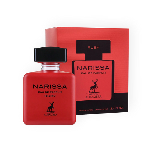 Flacon et packaging de l'Eau de Parfum Narissa Ruby 100ml par Maison Alhambra, élégant et vibrant en rouge et noir.