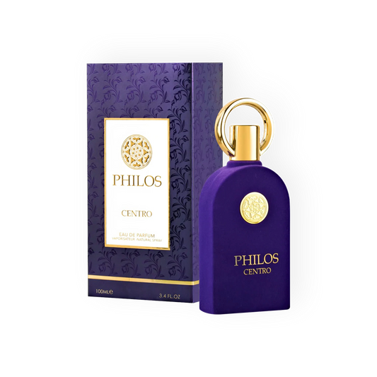 Flacon de Philos Centro Eau de Parfum 100ml par Maison Alhambra, présenté dans un emballage élégant bleu et doré.