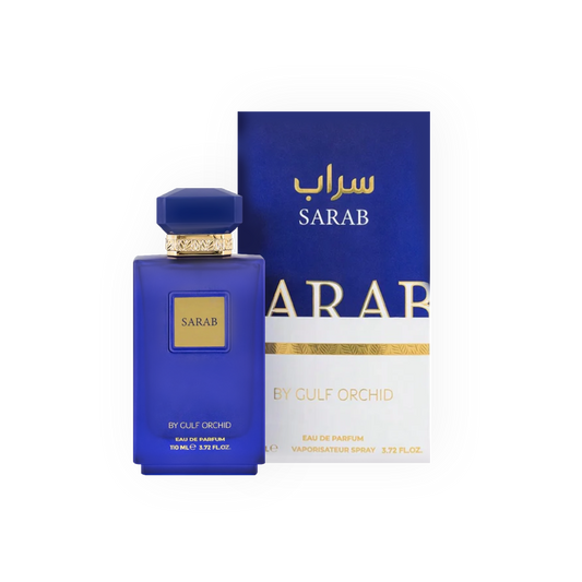 arfum Sarab 110ml - Gulf Orchid. Flacon bleu royal élégant avec étiquette dorée et bouchon assorti, accompagné d'une boîte bleu et blanc aux détails dorés. Eau de parfum aux notes orientales, boisées et épicées, offrant une fragrance intense et raffinée. Idéal pour une allure sophistiquée et envoûtante.